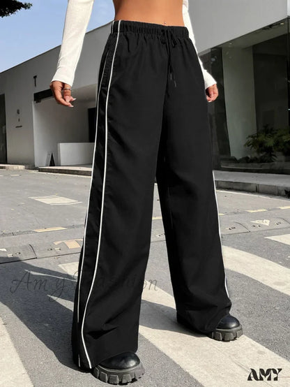 Amy Fashion - Piping Drawstring Waist Wide Leg Pants