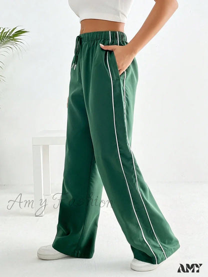 Amy Fashion - Piping Drawstring Waist Wide Leg Pants