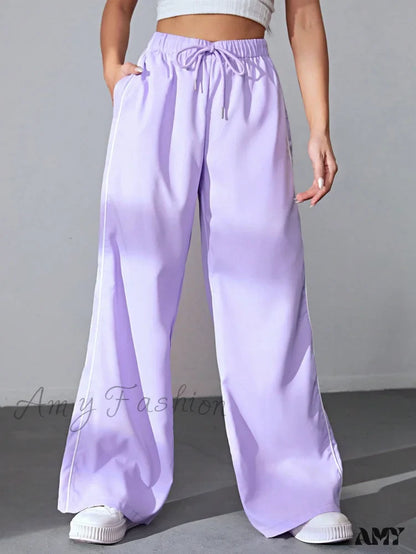 Amy Fashion - Piping Drawstring Waist Wide Leg Pants