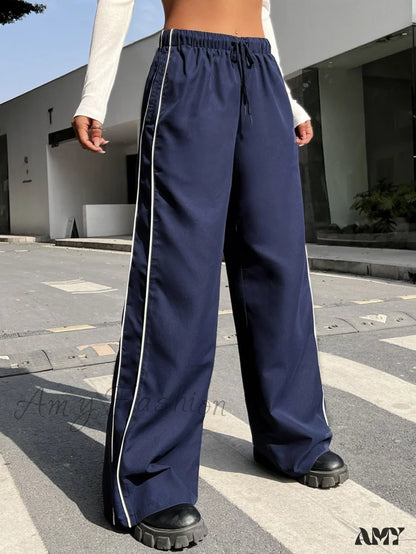 Amy Fashion - Piping Drawstring Waist Wide Leg Pants