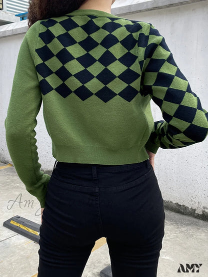 Amy Fashion - Fashion Plaid Green Cropped Knitted Cardigan