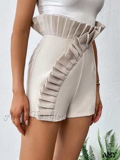 Amy Fashion - Pleated Ruffle Trim Shorts
