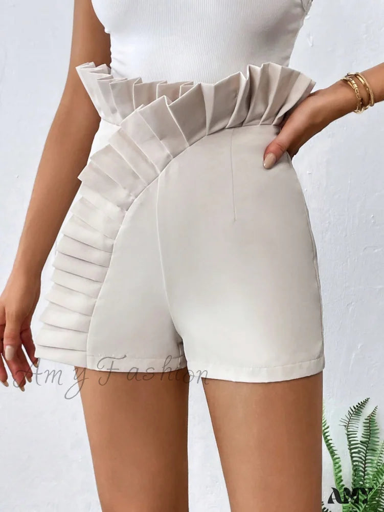 Amy Fashion - Pleated Ruffle Trim Shorts