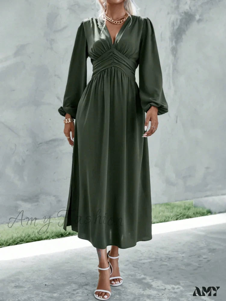 Amy Fashion - Plunging Neck Lantern Sleeve  Waist Split Thigh Dress