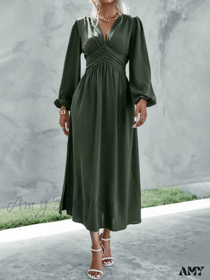 Amy Fashion - Plunging Neck Lantern Sleeve  Waist Split Thigh Dress