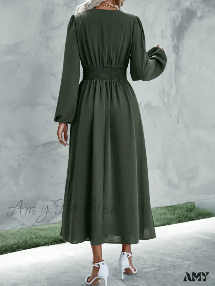 Amy Fashion - Plunging Neck Lantern Sleeve  Waist Split Thigh Dress