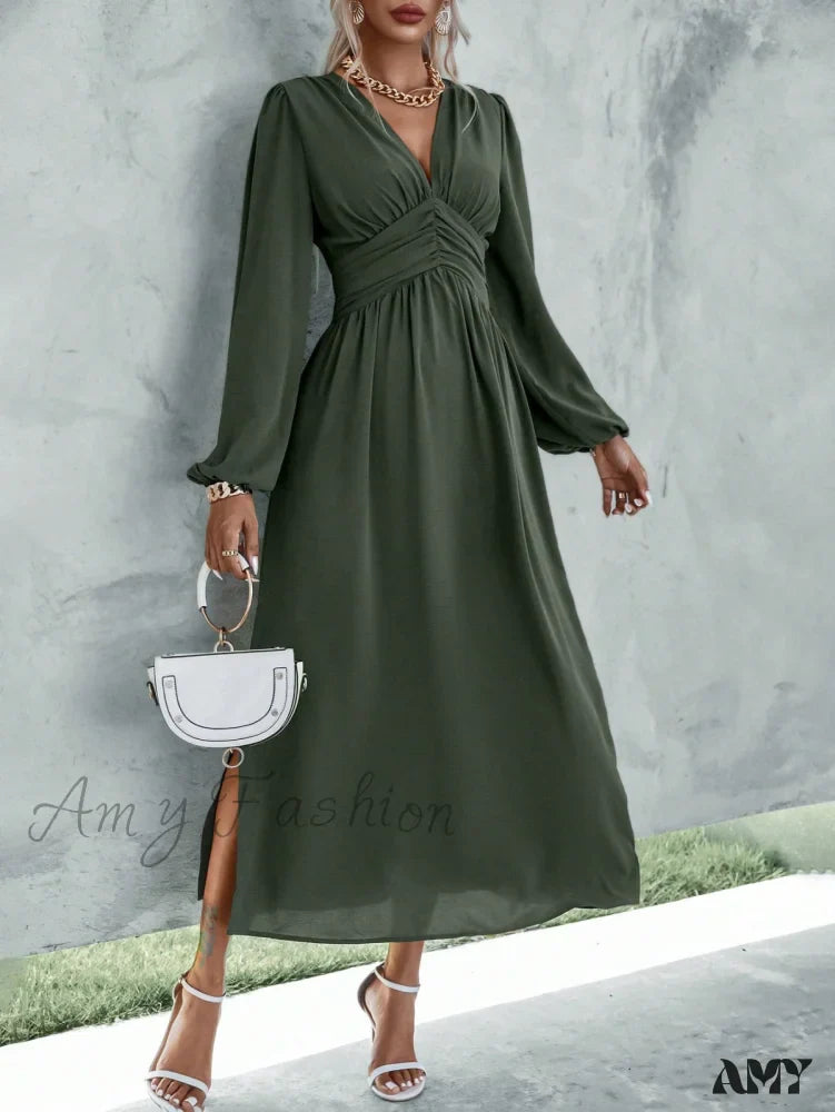 Amy Fashion - Plunging Neck Lantern Sleeve  Waist Split Thigh Dress