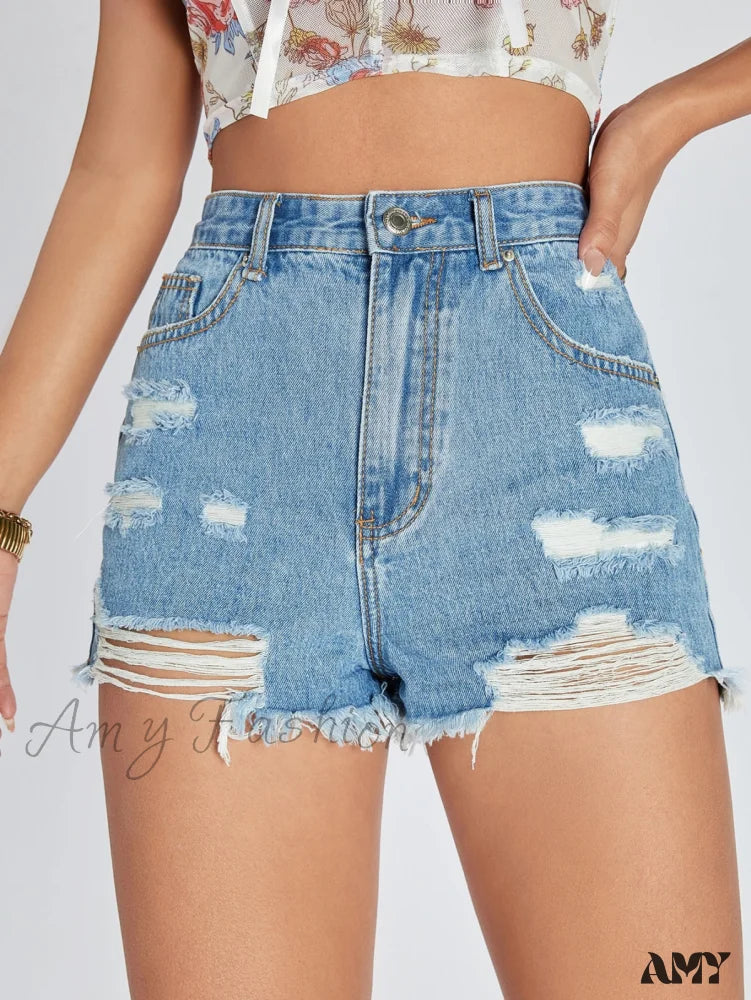 Amy Fashion - Raw Hem Distressed Denim Shorts