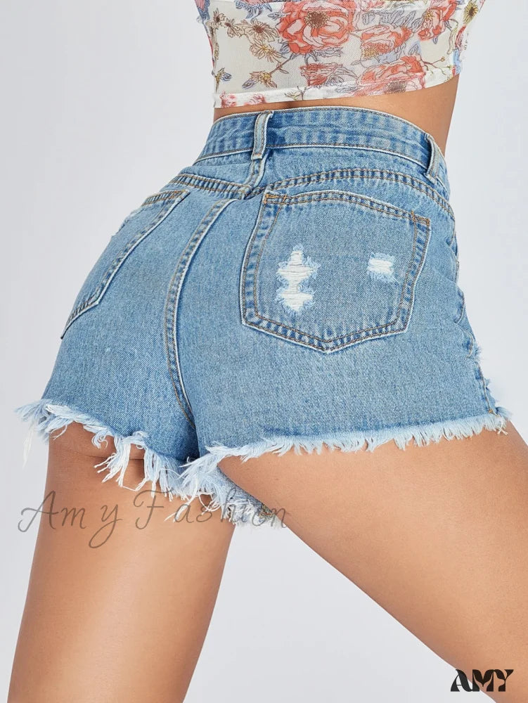 Amy Fashion - Raw Hem Distressed Denim Shorts