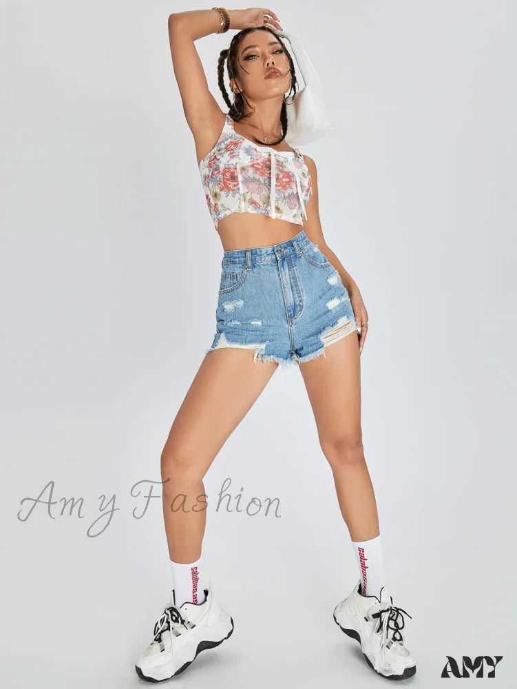 Amy Fashion - Raw Hem Distressed Denim Shorts
