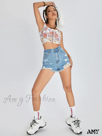 Amy Fashion - Raw Hem Distressed Denim Shorts