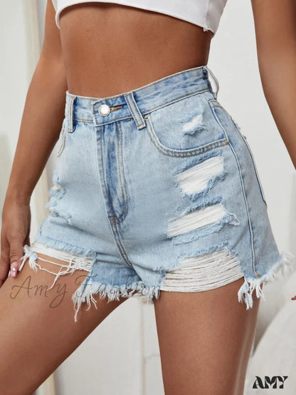 Amy Fashion - Raw Hem Distressed Denim Shorts