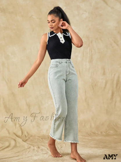 Amy Fashion - Raw Hem Straight Leg Jeans