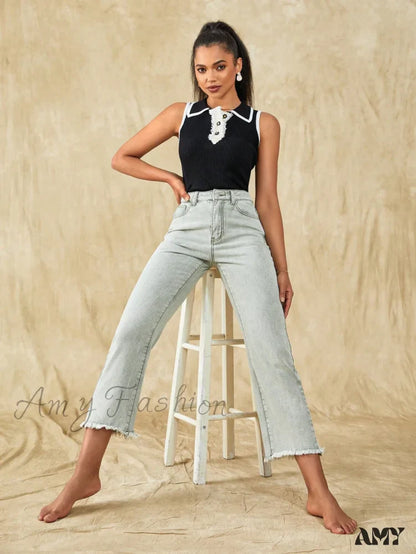Amy Fashion - Raw Hem Straight Leg Jeans