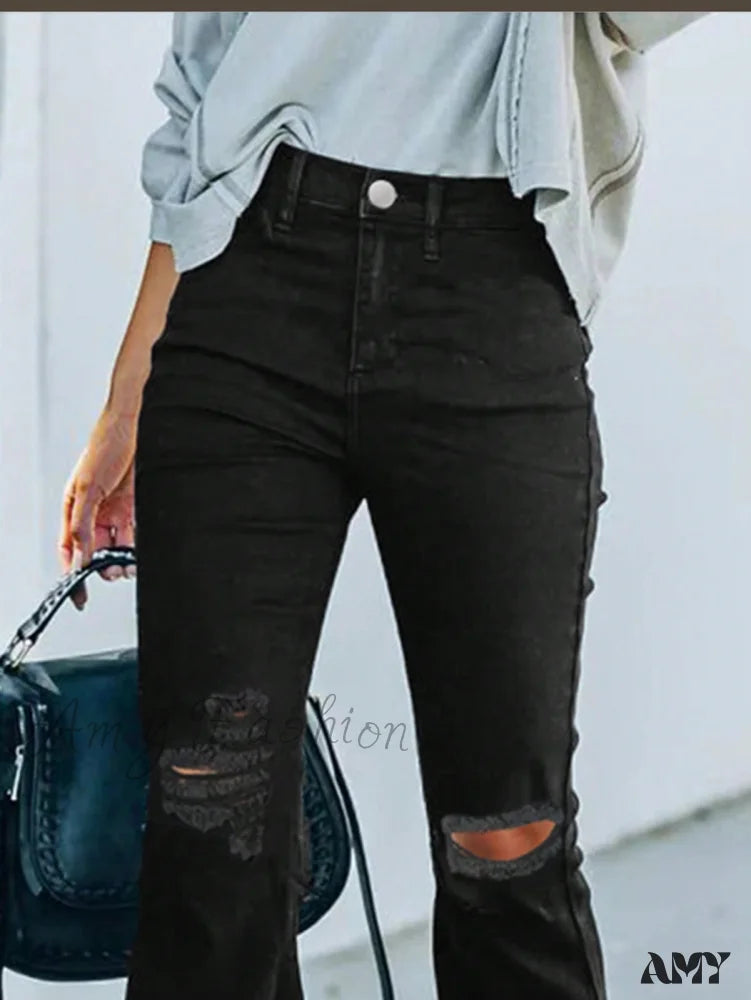 Amy Fashion - Ripped Raw Hem Flare Leg Jeans
