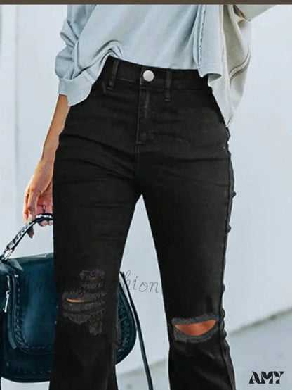 Amy Fashion - Ripped Raw Hem Flare Leg Jeans