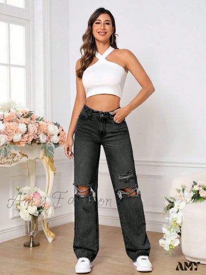 Amy Fashion - Ripped Straight Leg Jeans