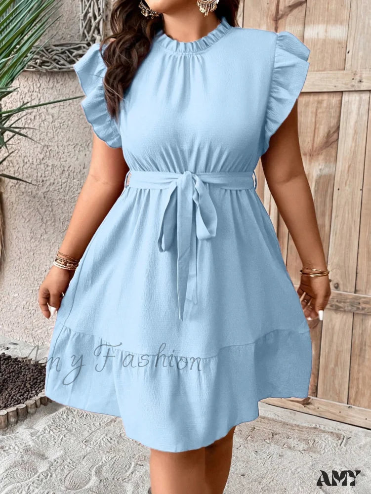 Amy Fashion - Ruffle Trim Belted Dress