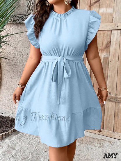 Amy Fashion - Ruffle Trim Belted Dress
