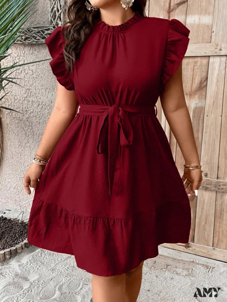 Amy Fashion - Ruffle Trim Belted Dress
