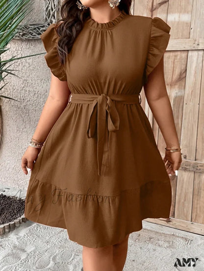 Amy Fashion - Ruffle Trim Belted Dress