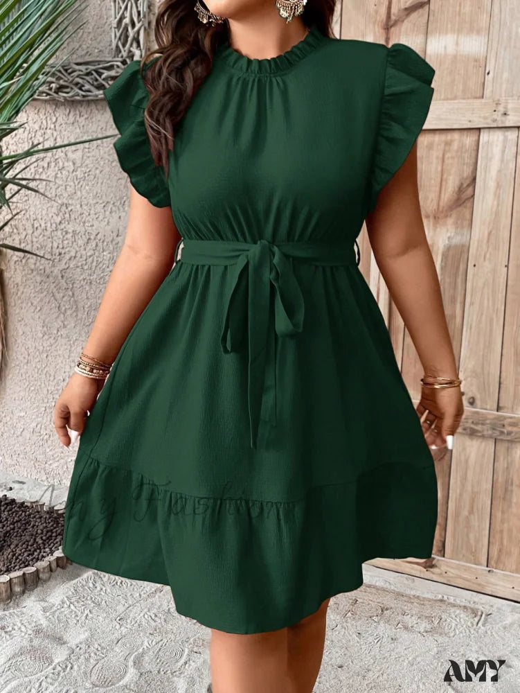 Amy Fashion - Ruffle Trim Belted Dress