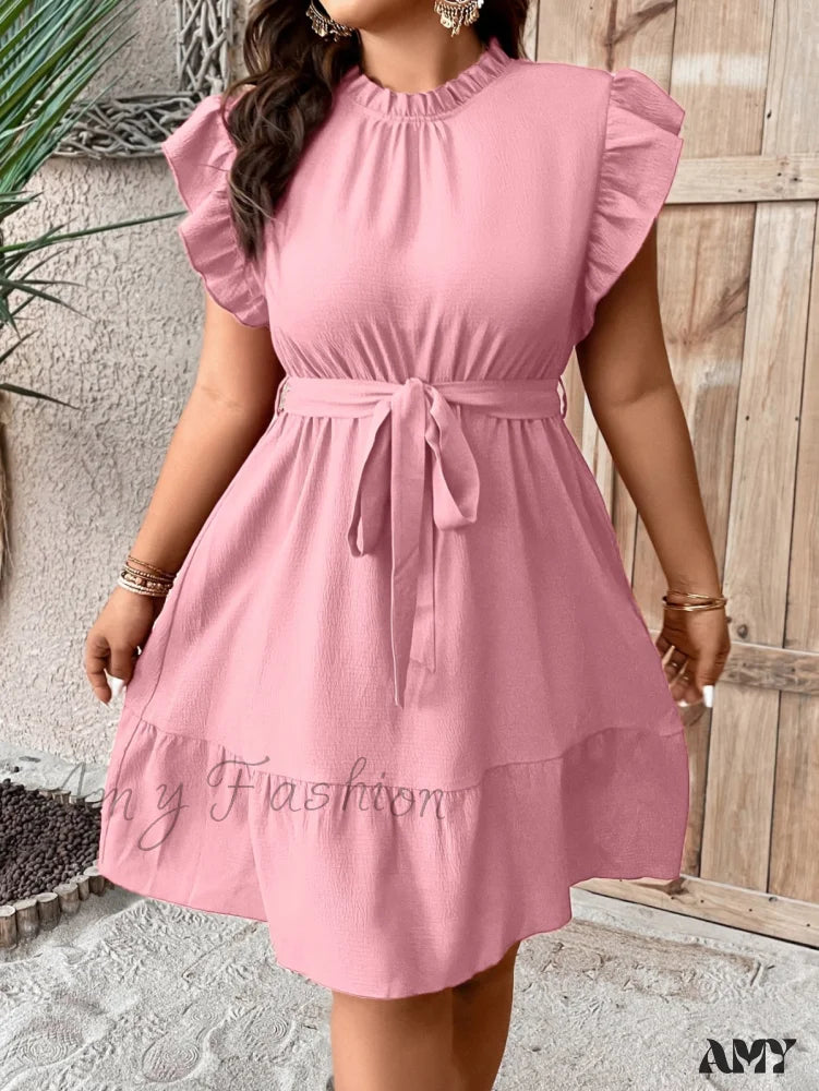 Amy Fashion - Ruffle Trim Belted Dress