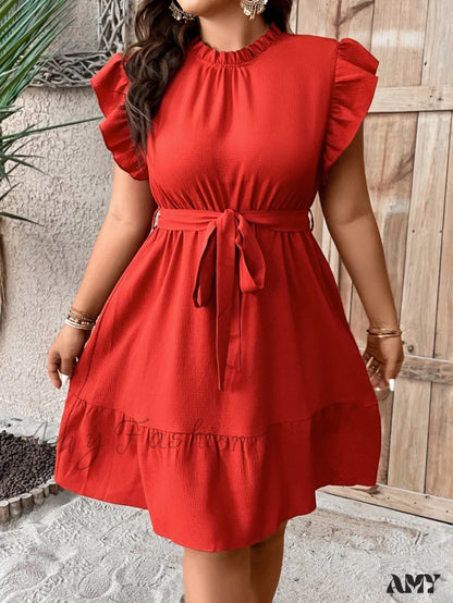 Amy Fashion - Ruffle Trim Belted Dress