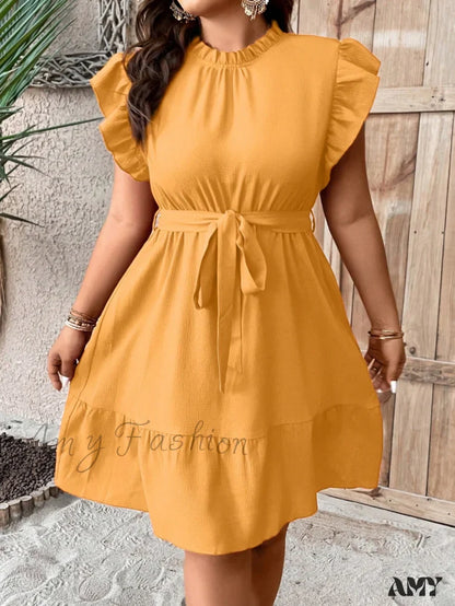 Amy Fashion - Ruffle Trim Belted Dress