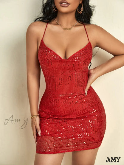 Amy Fashion - Sequin Draped Lace Up Backless Cami Bodycon Dress