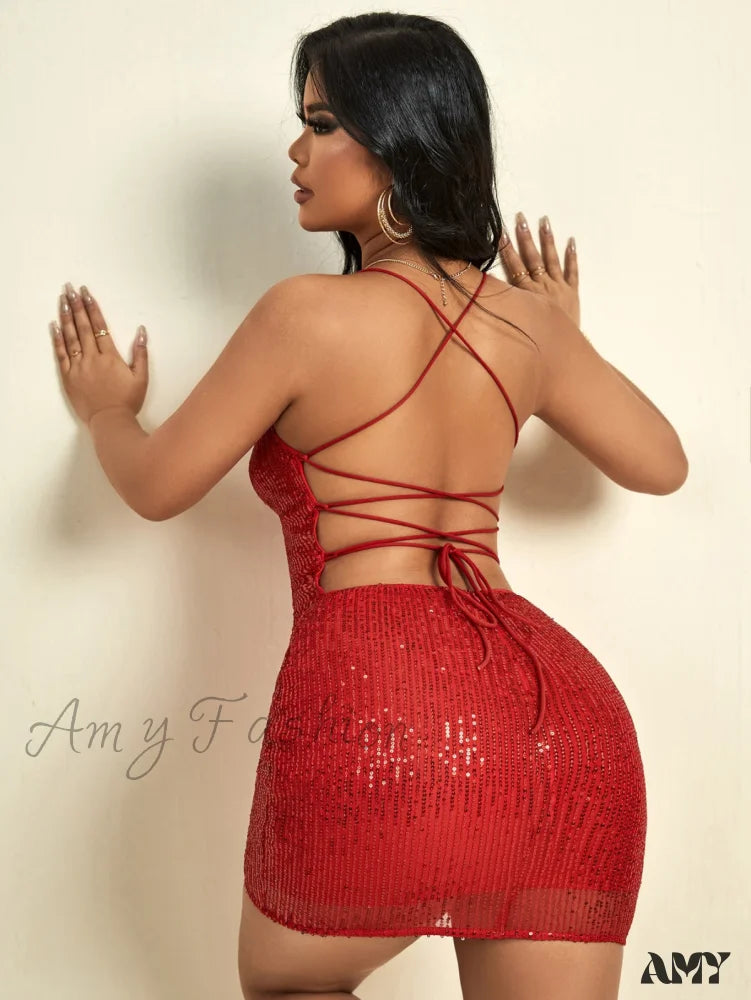 Amy Fashion - Sequin Draped Lace Up Backless Cami Bodycon Dress
