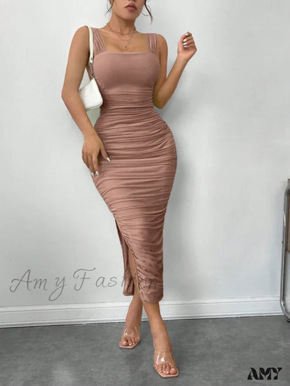 Amy Fashion - Slit Hem Mesh Bodycon Dress