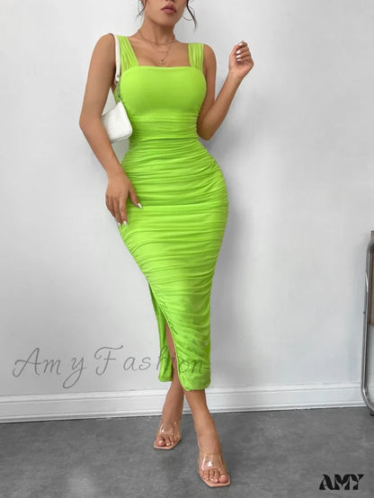 Amy Fashion - Slit Hem Mesh Bodycon Dress