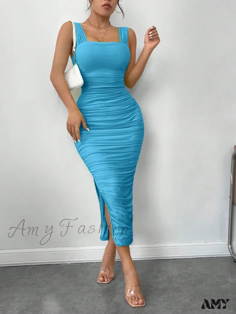 Amy Fashion - Slit Hem Mesh Bodycon Dress