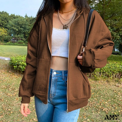Amy Fashion - Solid Color Simple Zip-Up Coats