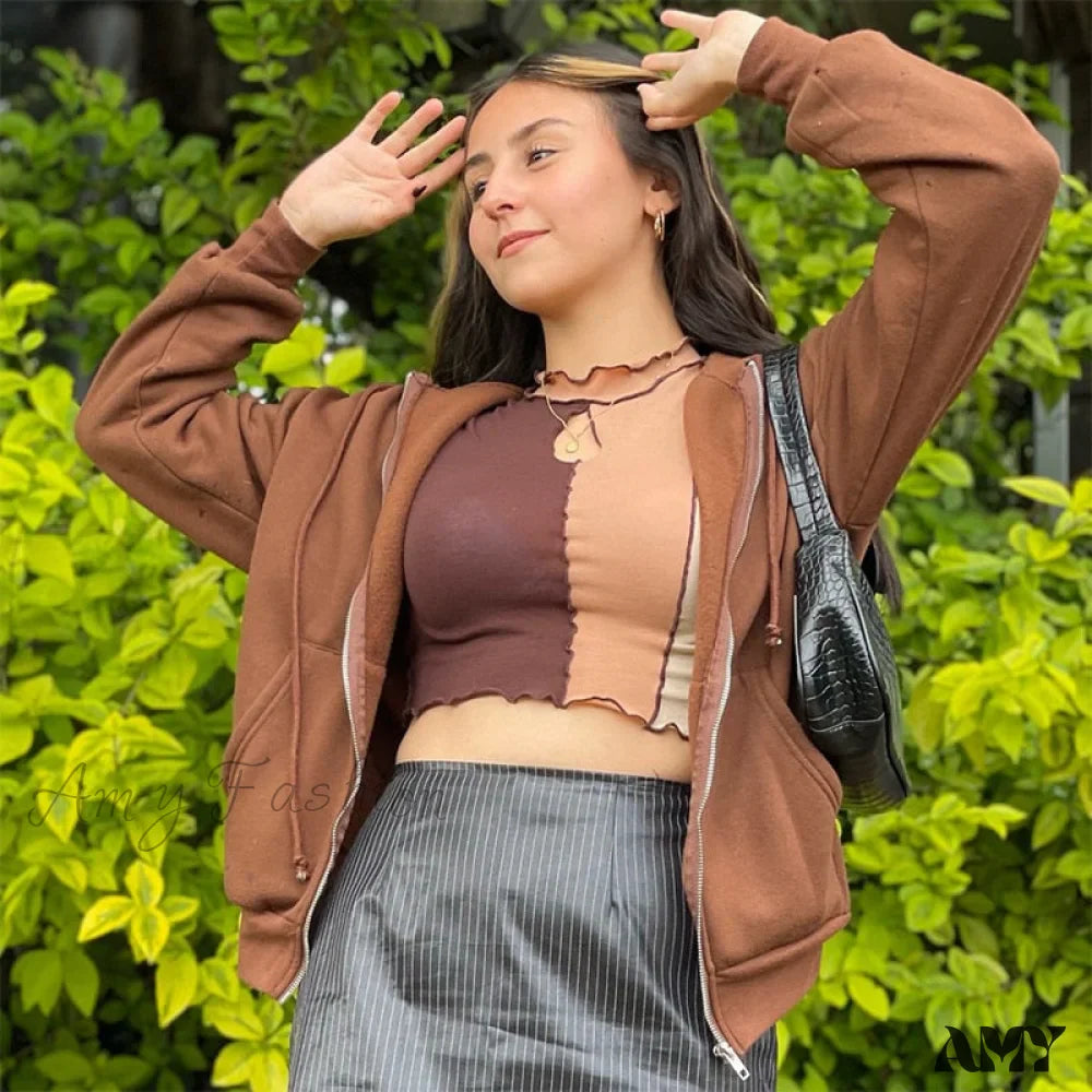 Amy Fashion - Solid Color Simple Zip-Up Coats