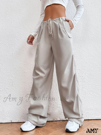 Amy Fashion - Solid Drawstring Waist Parachute Pants