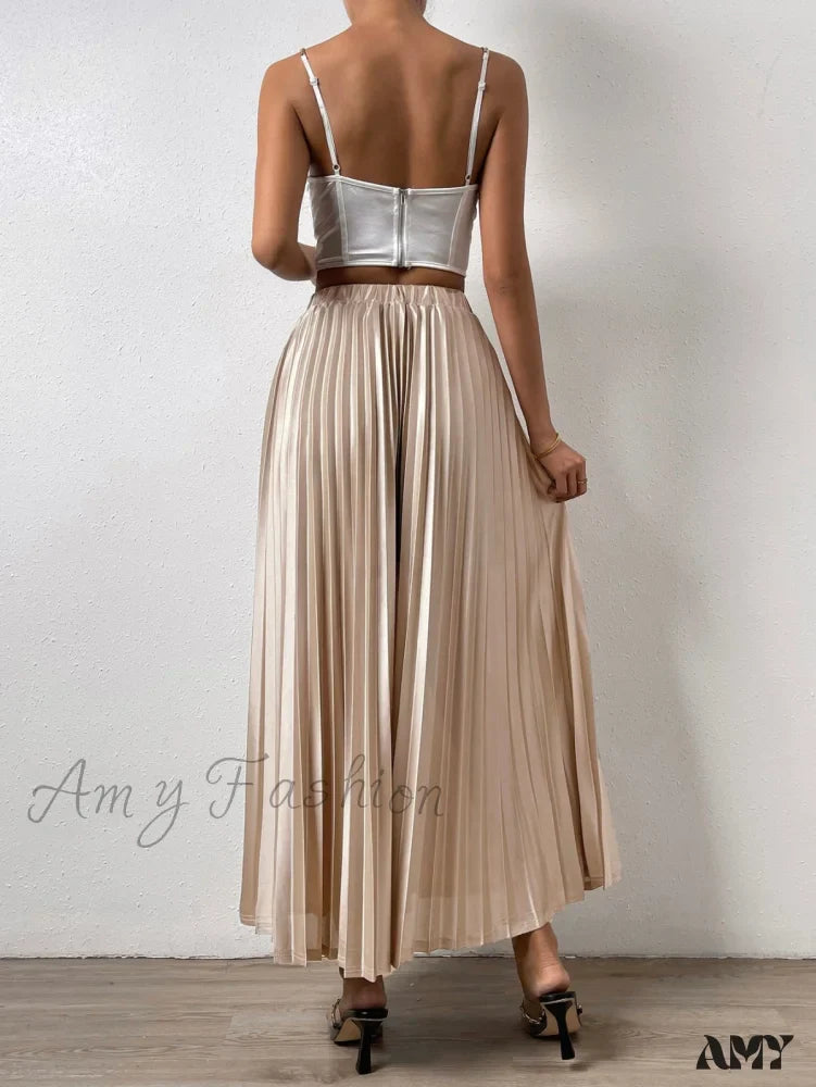 Amy Fashion - Solid Elastic Waist Pleated Skirt