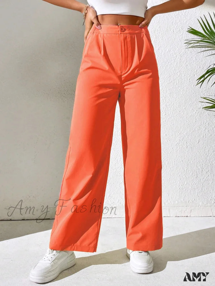 Amy Fashion - Solid Plicated Detail Straight Leg Pants