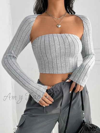 Amy Fashion - Solid Ribbed Knit Crop Tube Top & Bolero