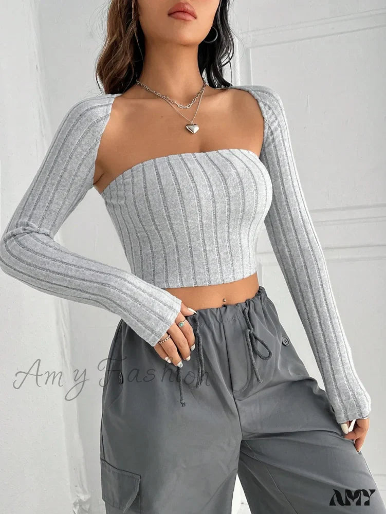 Amy Fashion - Solid Ribbed Knit Crop Tube Top & Bolero