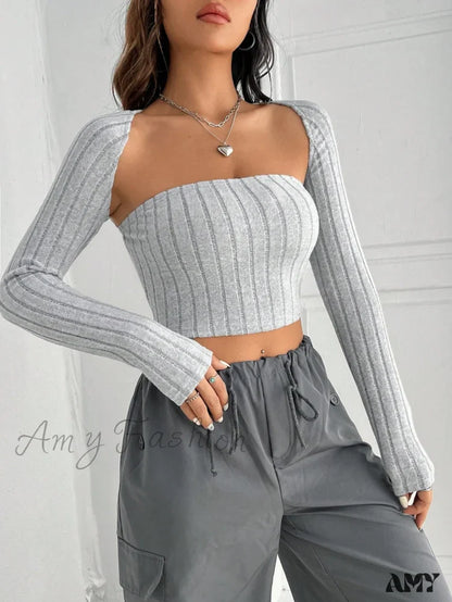 Amy Fashion - Solid Ribbed Knit Crop Tube Top & Bolero