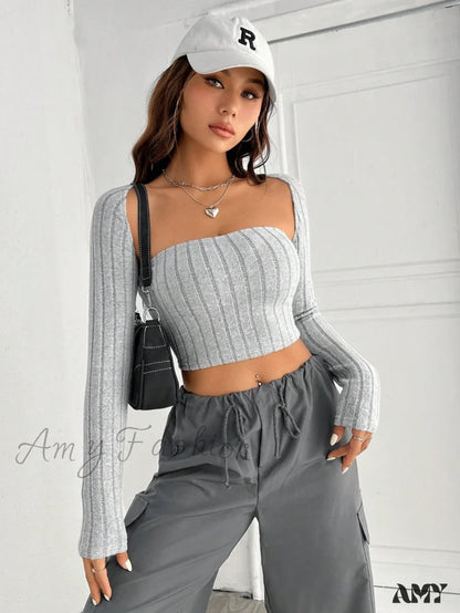 Amy Fashion - Solid Ribbed Knit Crop Tube Top & Bolero