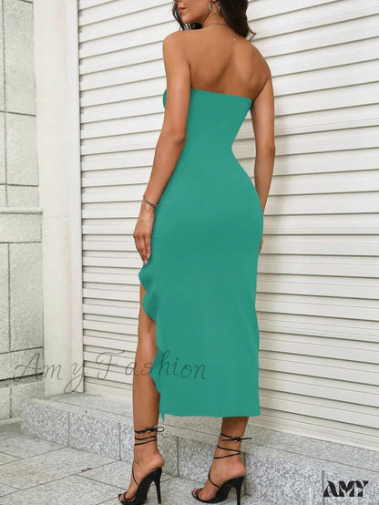Amy Fashion - Solid Split Thigh Tube Dress