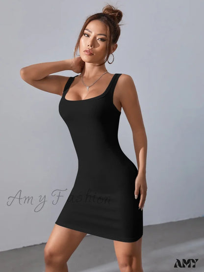 Amy Fashion - Solid Square Neck Tank Dress