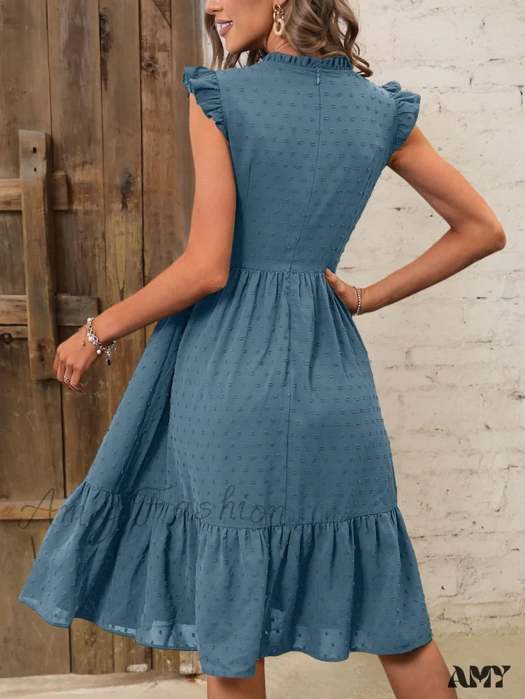 Amy Fashion - Solid Swiss Dot Ruffle Hem Dress
