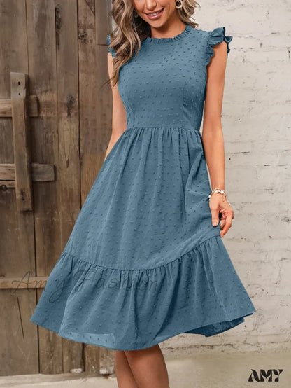 Amy Fashion - Solid Swiss Dot Ruffle Hem Dress