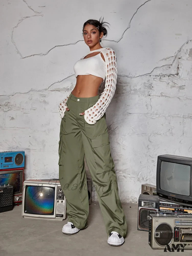 Amy Fashion - Street Flap Pocket  Wide Leg Cargo Pants