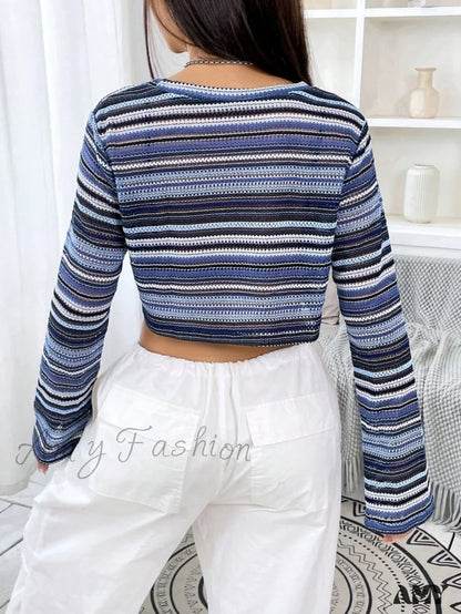 Amy Fashion - Striped Print Crop Tee