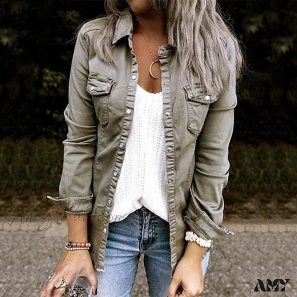 Amy Fashion - Thin Solid Denim Jacket